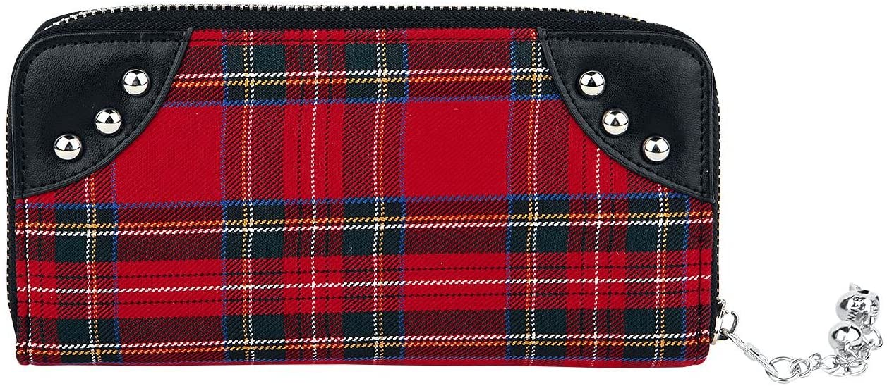 Lost Queen Red Tartan Plaid Punk Handcuff Skull Charm Zip Around Wallet