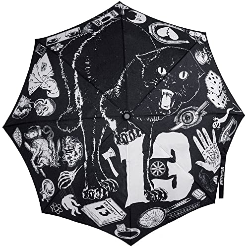 kreepsville 666 Gothic Skull Handle Superstitions Black Cat Lucky 13 Umbrella