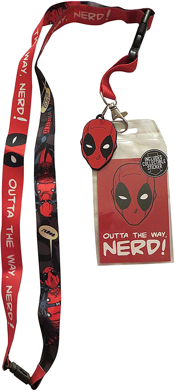 DEADPOOL Outta The Way Nerd! LANYARD ID Holder Keychain w/ Logo Charm