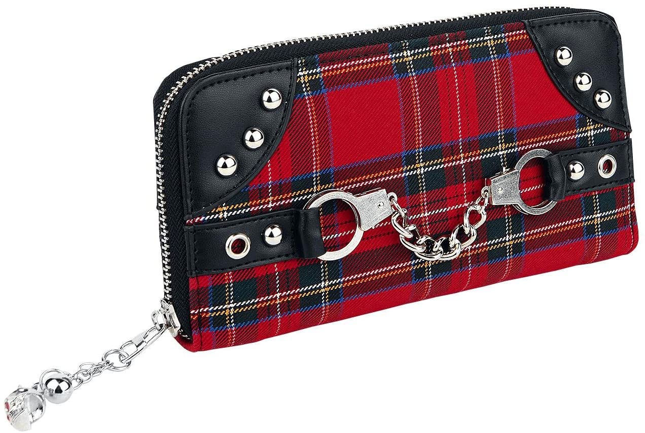 Lost Queen Red Tartan Plaid Punk Handcuff Skull Charm Zip Around Wallet