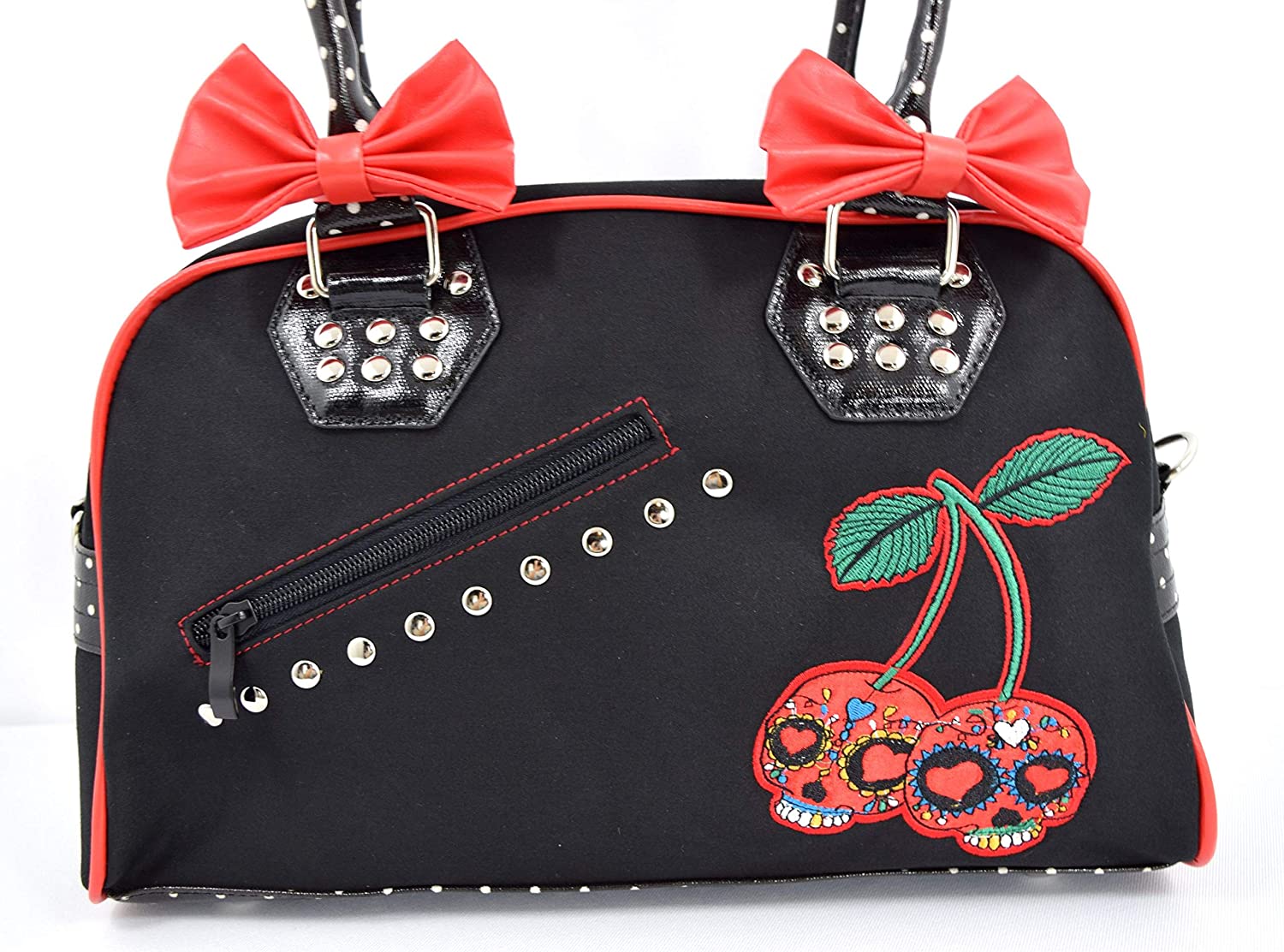 Lost Queen Cherry Bomb Skull Cherries Polka Dot Bow Handbag Rockabilly Black Red
