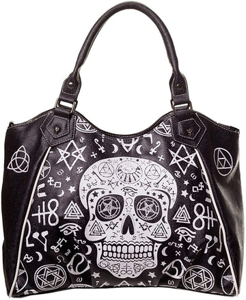 Lost Queen Women's Black Skull Pentagram Handbag Gothic Sugar Skull Crossbody Purse Alternative Bag