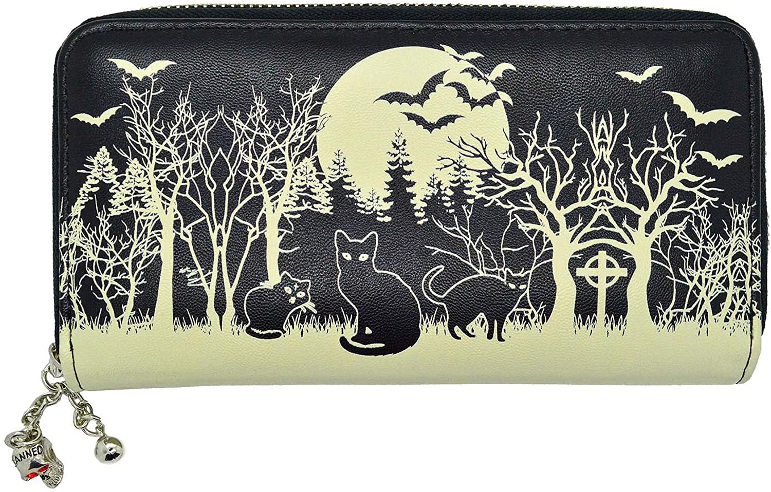 Lost Queen Woodland Wallet Black Cats & Bats Skull Charm Gothic Wiccan Vegan Zip Around Wallet