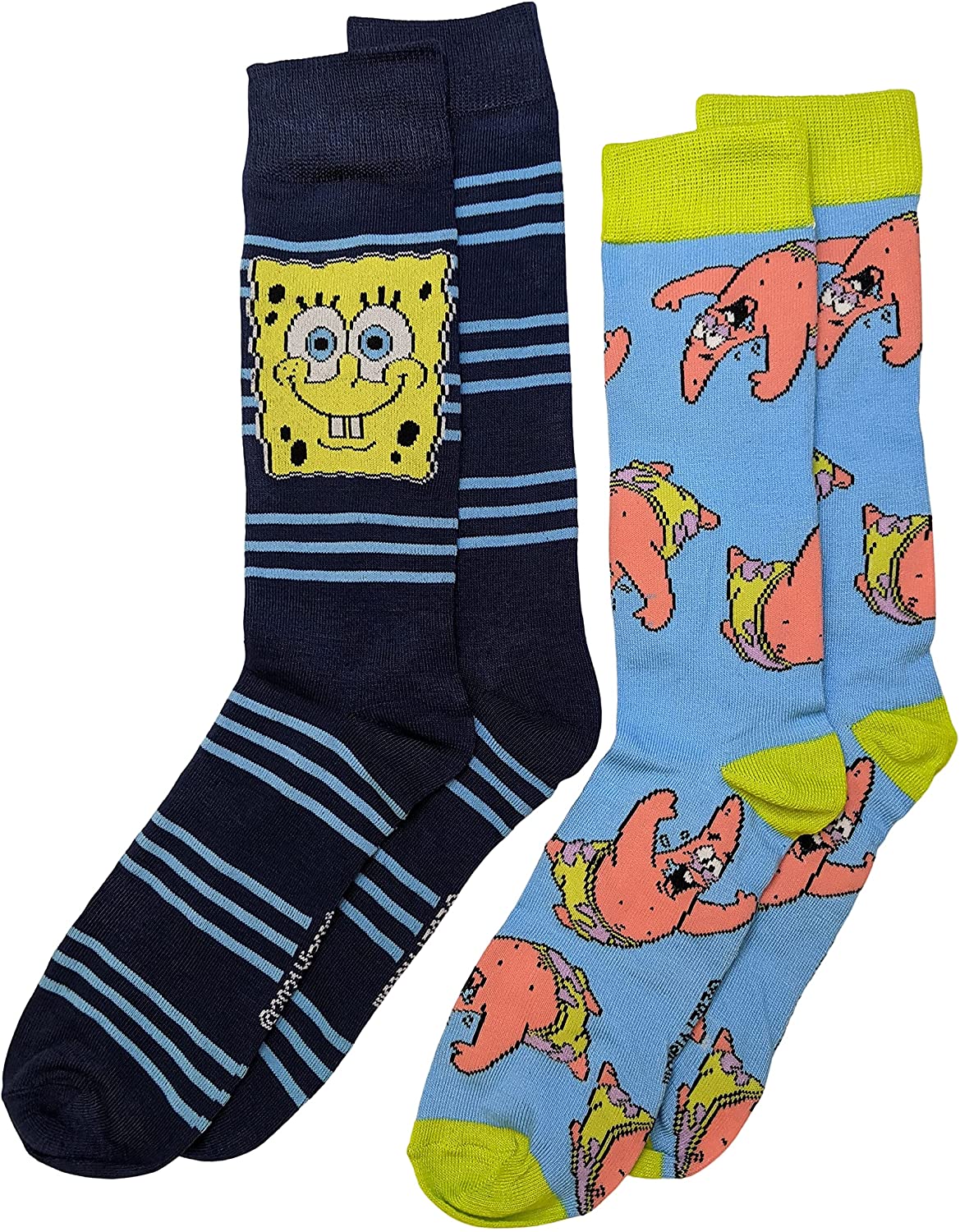 Nickelodeon Striped SpongeBob and Patrick Star Men's Crew Socks Two Pair Pack