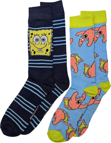 Nickelodeon Striped SpongeBob and Patrick Star Men's Crew Socks Two Pair Pack