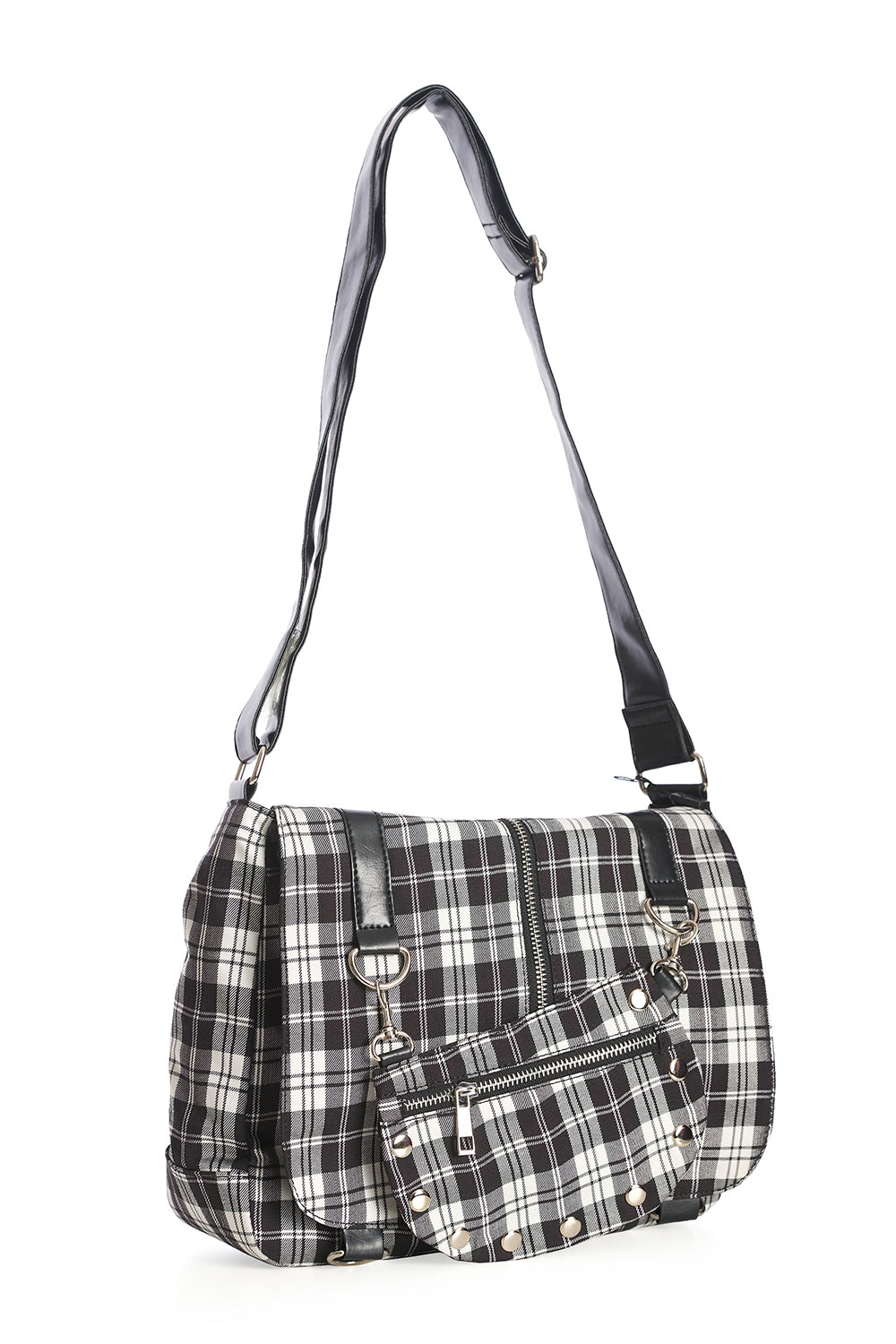 Punk Plaid Print Tartan Messenger Shoulder Bag Crossbody Handbag Women's Purse (Black/White)