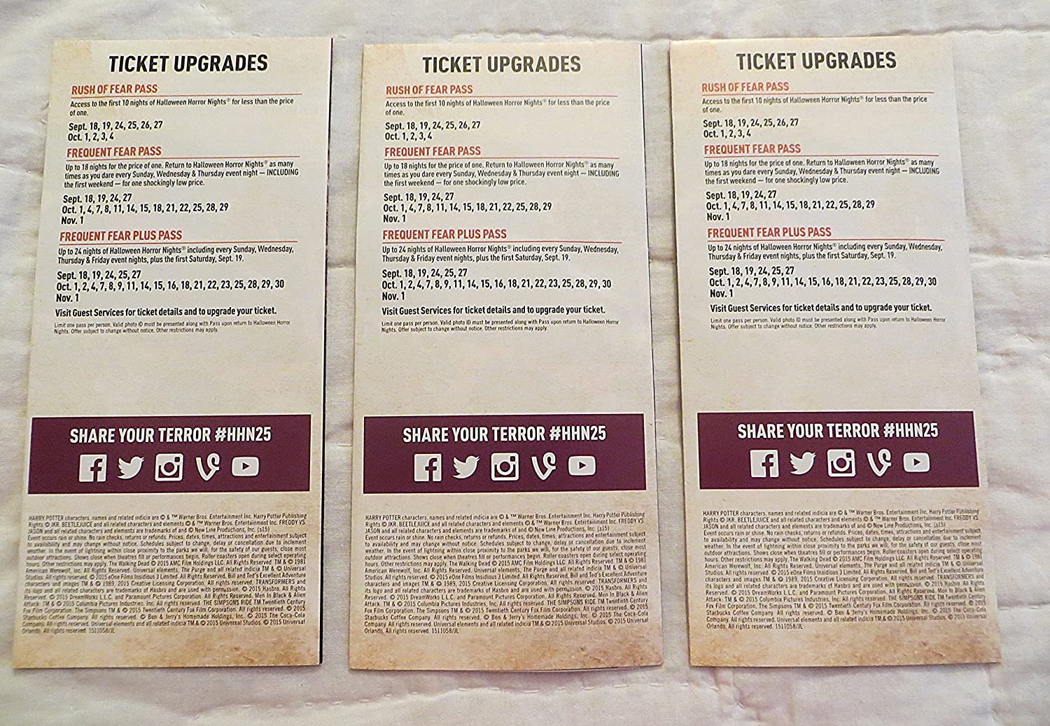 Halloween Horror Nights 25 Map Set of 3 Universal Studios 2015
