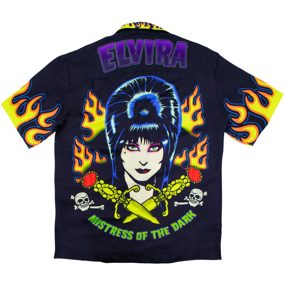 Elvira Mistress of the Dark Tattoo Flames Sublimated Button Down Shirt