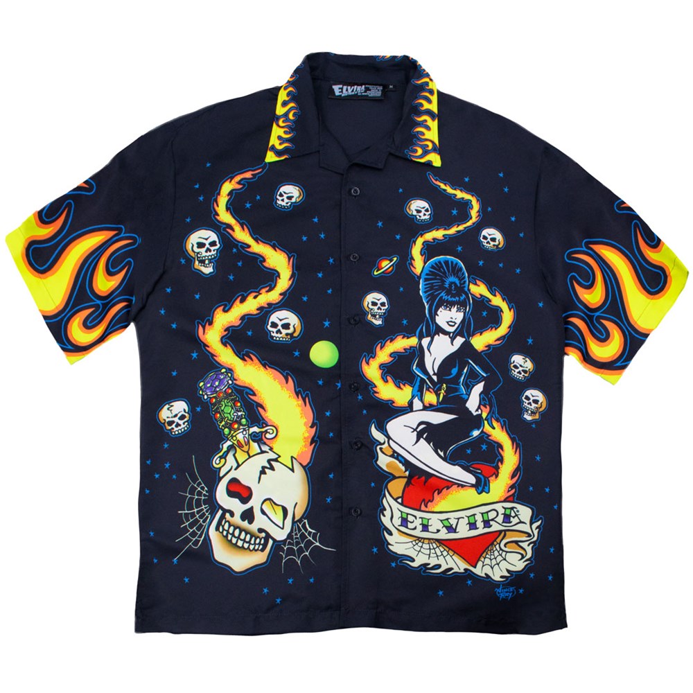 Front of Elvira Button-Down Shirt with Elvira Tattoo Art, Flames and Skulls.