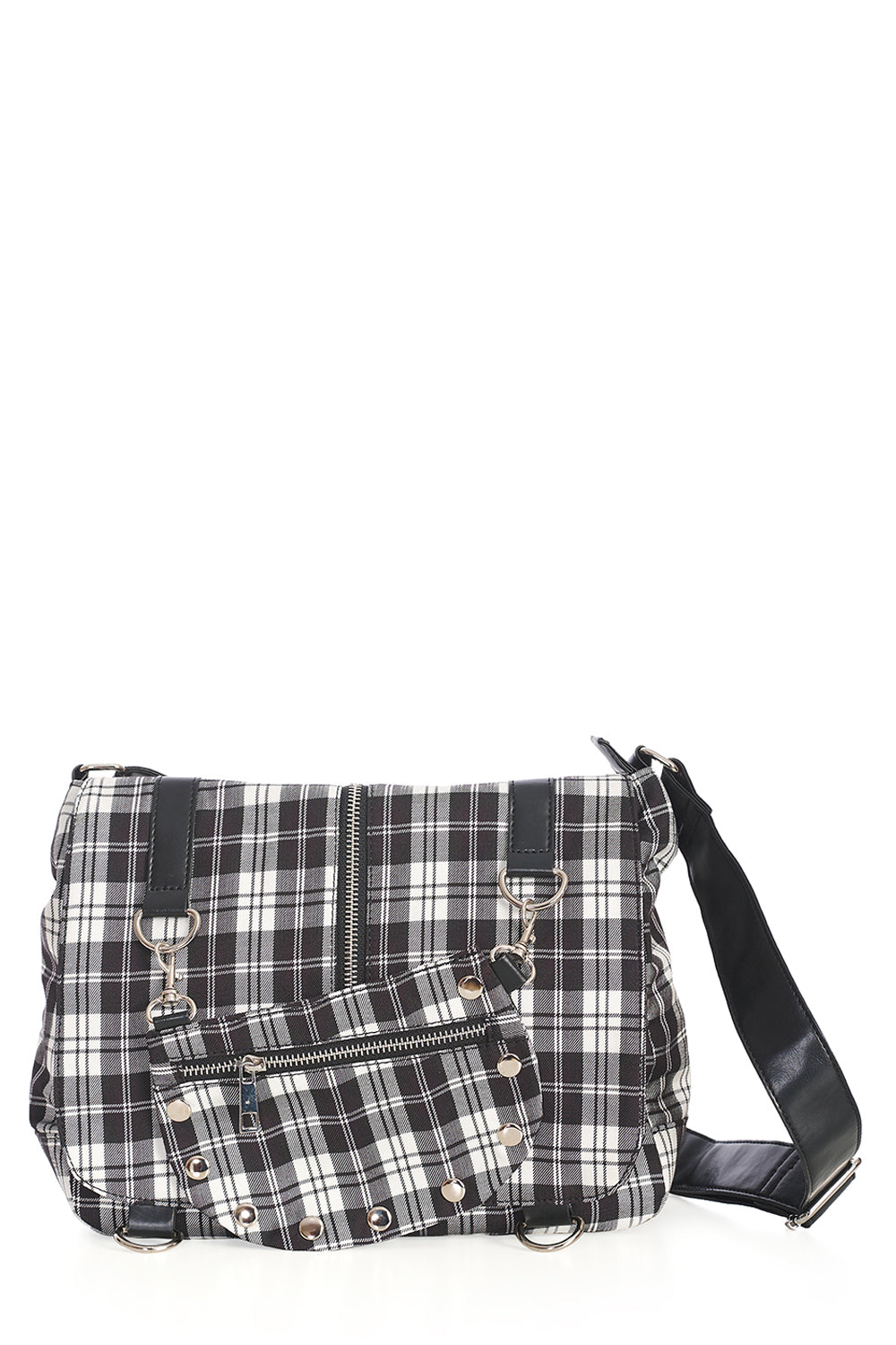 Punk Plaid Print Tartan Messenger Shoulder Bag Crossbody Handbag Women's Purse (Black/White)