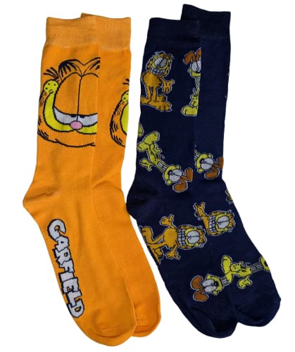 Nickelodeon Garfield Cat & Odie Dog Cartoon Character Men’s Crew Socks Two Pair Pack (Orange & Blue)