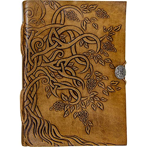 Handmade Tree of Life Genuine Leather Bound Notebook Journal Unlined Paper For Women Men 200 Pages Button Closure