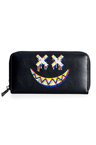 Lost Queen Women's Gothic Monster Emoji Zip Around Wallet X Eye Smiley Horror Face Clutch