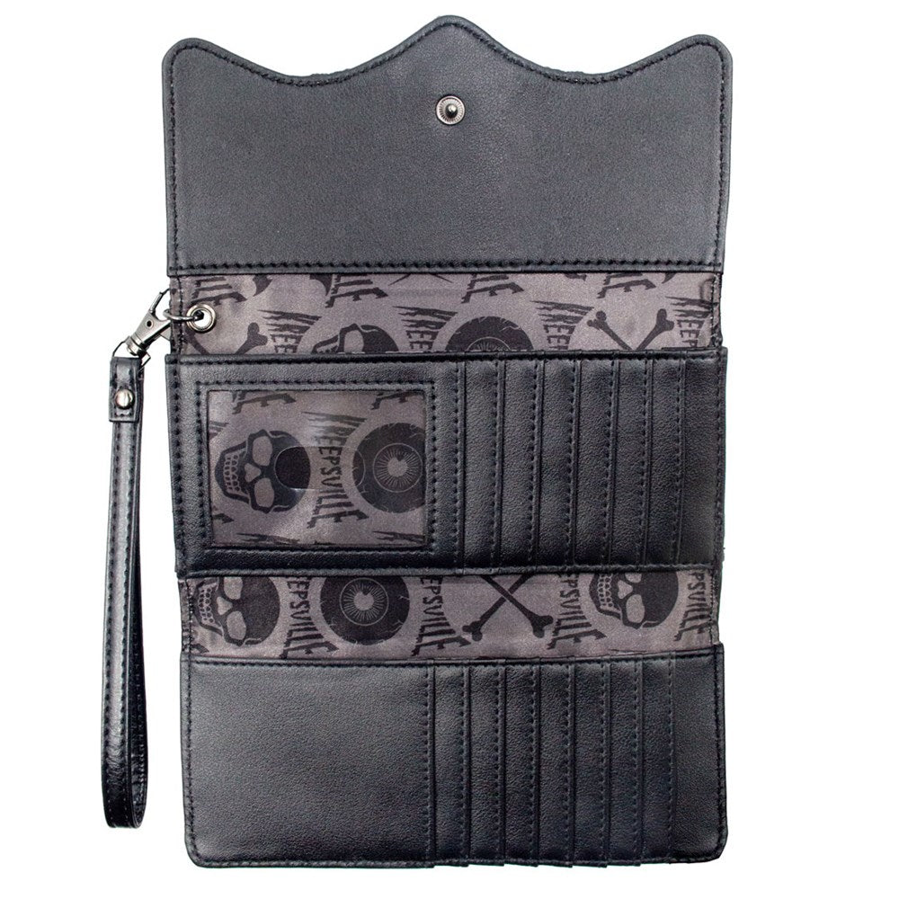 Kreepsville 666 Gothic Embossed Skull Death Bat Trifold Wristlet Wallet for Women