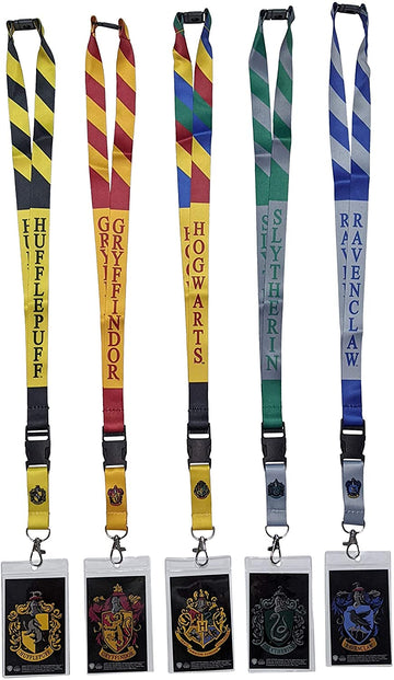 Harry Potter ID Badge Holder Lanyard 5pk Bundle with Gryffindor Hufflepuff Slytherin Ravenclaw and Hogwarts. These lanyards have behind the neck breakaway safety clips as well as an easy to release front clasp.
