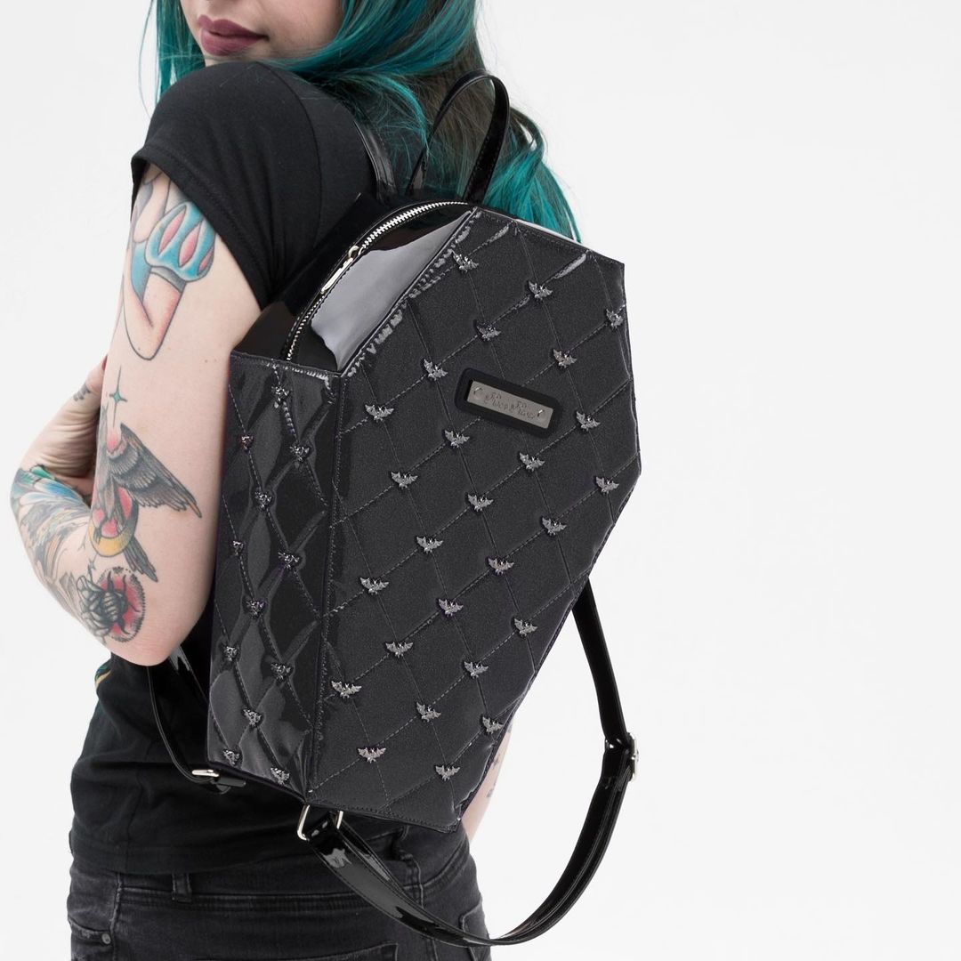 Shiny Black Quilted Coffin Backpack with Metal Bat Studs - Mina by Rock Rebel